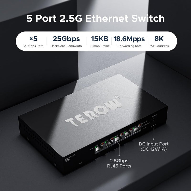 TEROW 5 Port 2.5G Ethernet Switch, 5 x 2.5Gb RJ45 Base-T Ports, Plug & Play/Fanless Metal Design 2.5Gbe Ethernet Unmanaged Network Switches, 5 Port 2.5GB Switch - Image 5